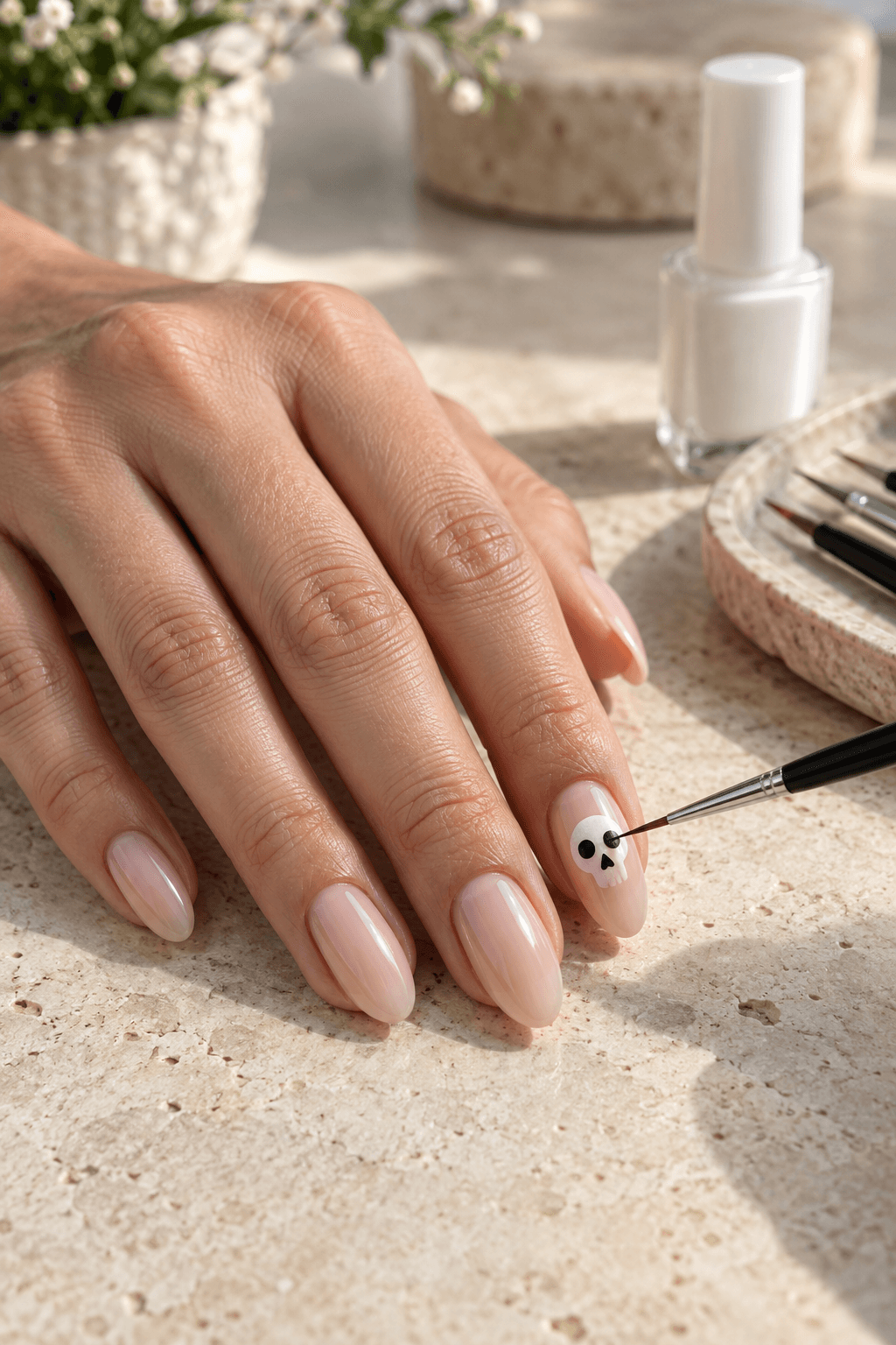 Fine detail brush painting black eye shapes on a small white sugar skull nail accent
