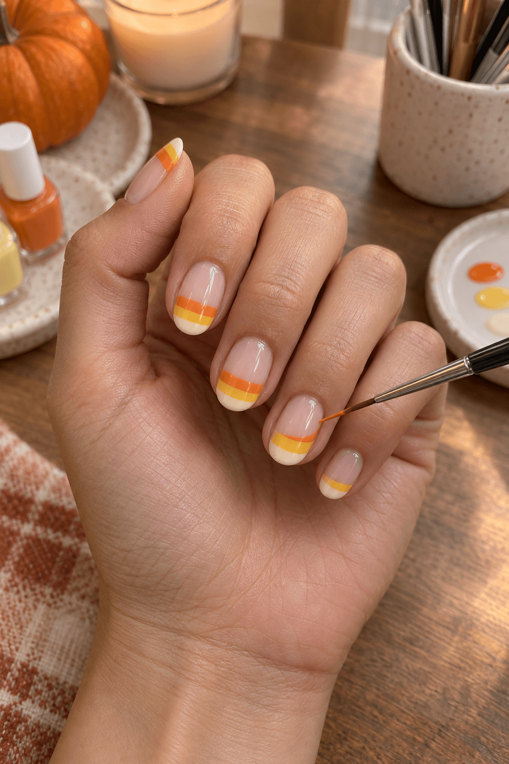 Sheer milky nude oval nails prepared beside yellow, orange, and cream polish