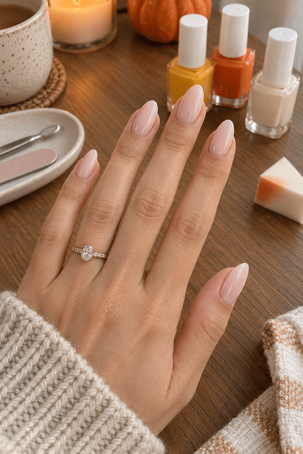 Fine nail art brush painting the orange band into a candy-corn French tip