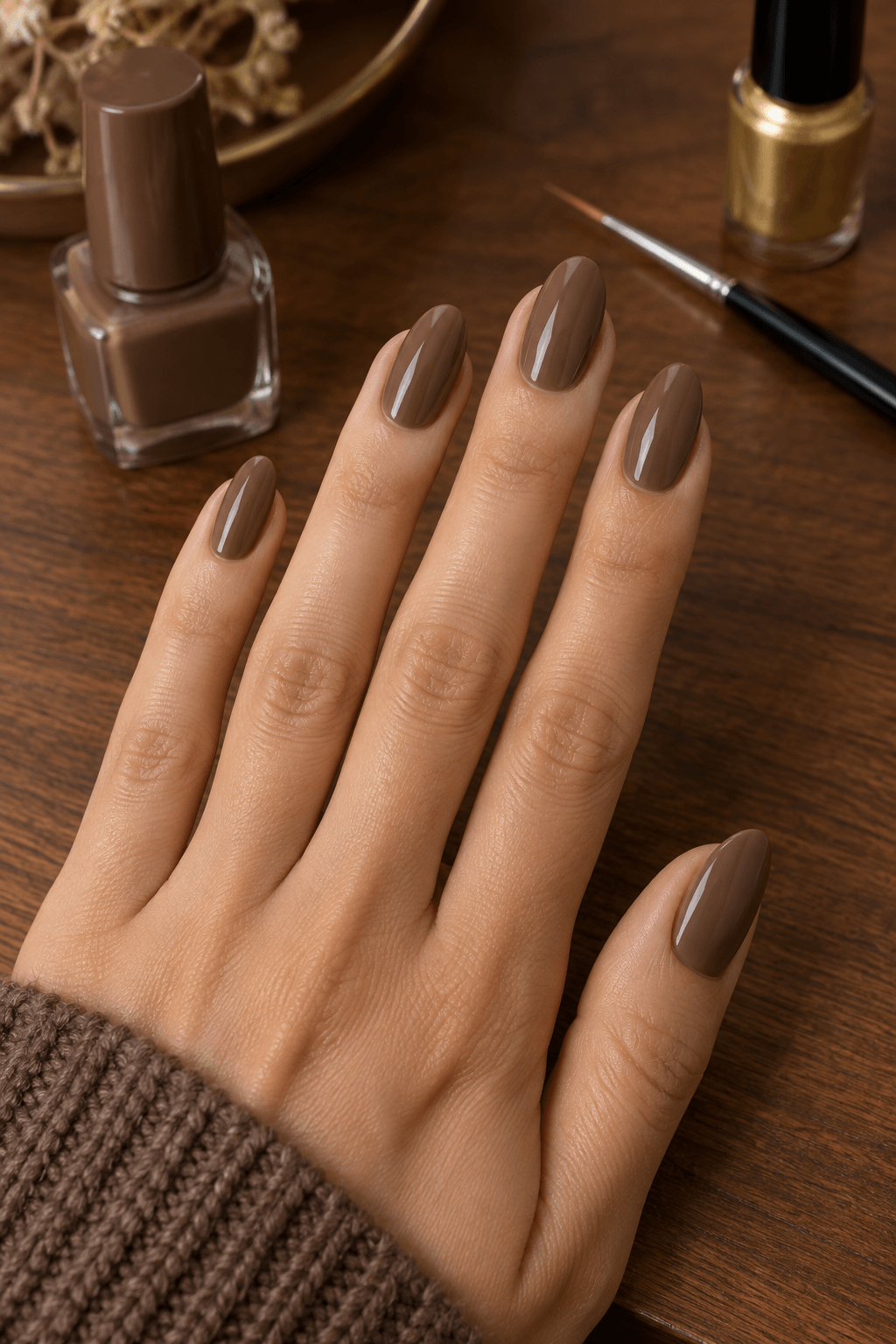Glossy mocha-brown almond nails prepared beside a fine brush and gold polish
