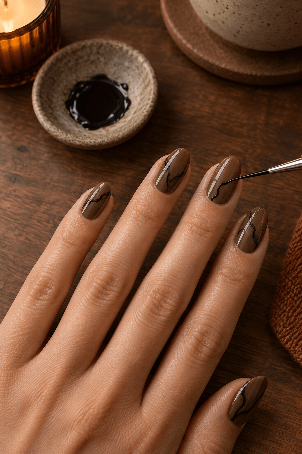 Fine black liner painting an irregular black ribbon across a glossy mocha nail