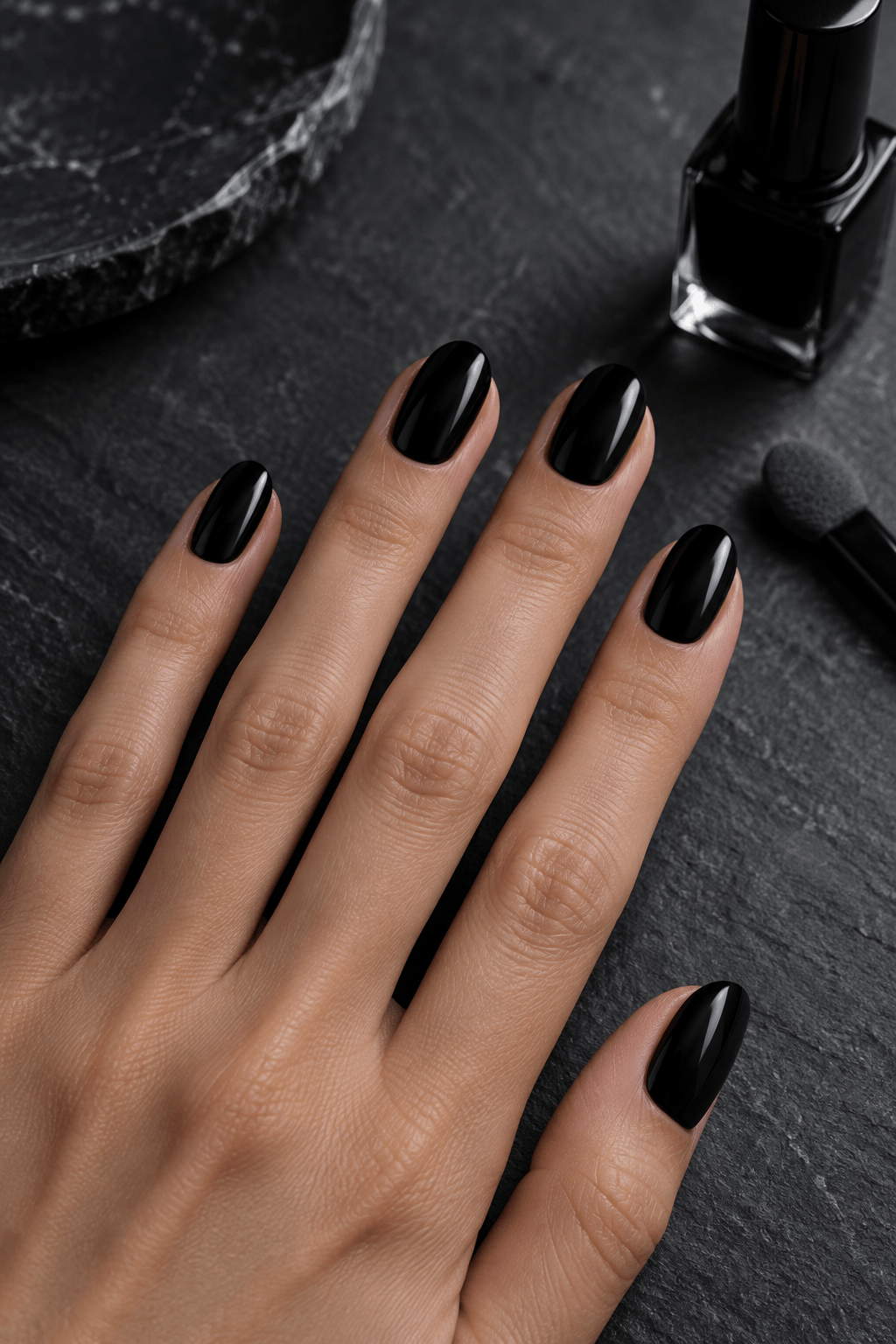 Glossy black oval nails prepared beside a chrome applicator on a slate surface