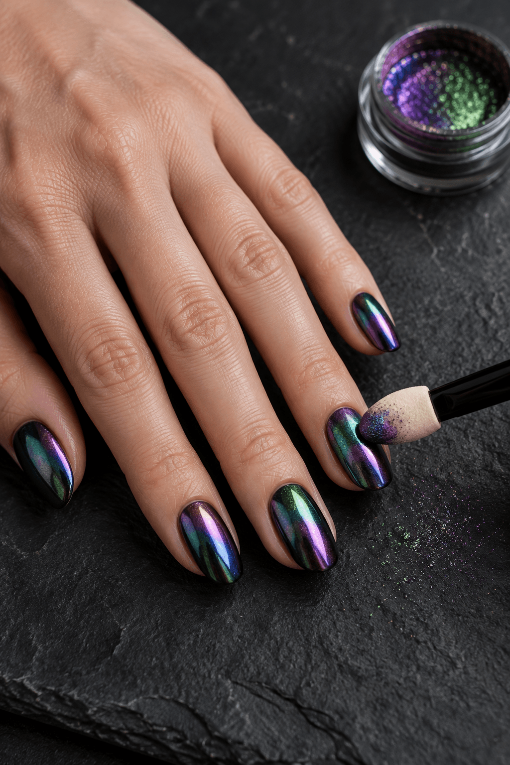 Soft applicator rubbing purple-green multichrome powder onto a black nail