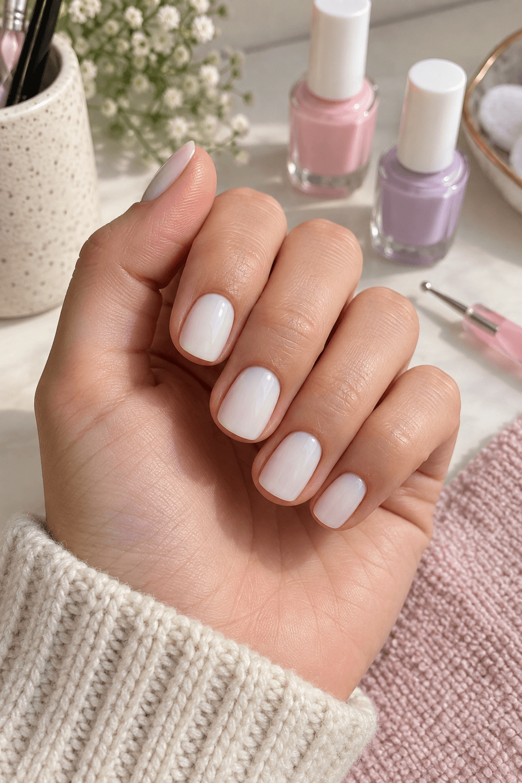 Milky white squoval nails prepared beside soft pink and lilac polish