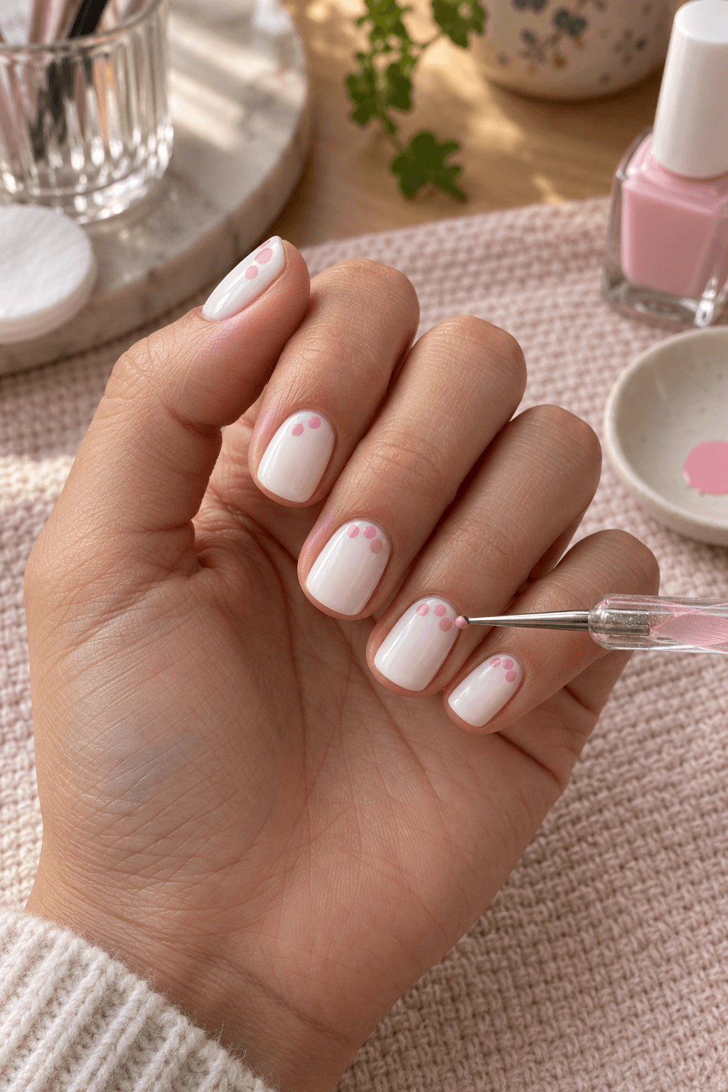 Dotting tool adding soft pink dots near the cuticle of white nails