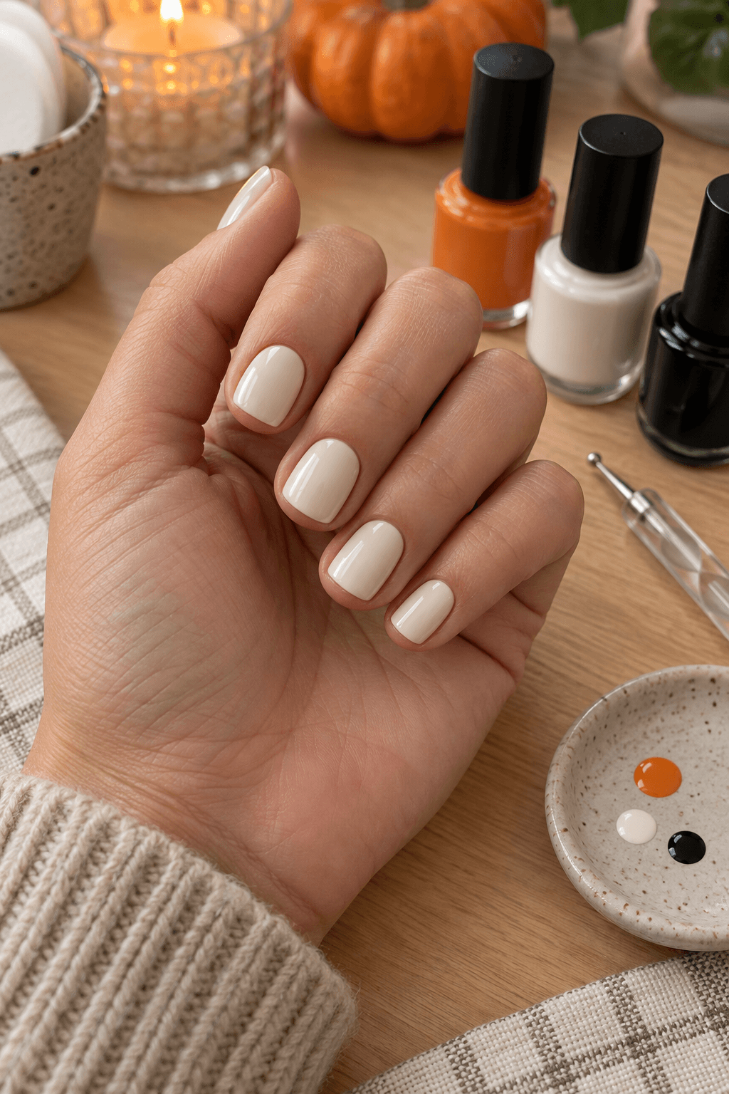 Warm cream short square nails prepared beside small orange, white, and black manicure colors