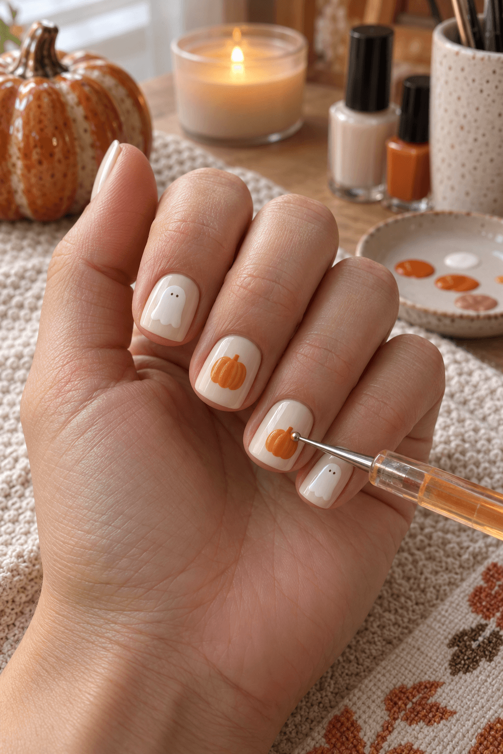 Dotting tool adding a small orange pumpkin to warm cream Halloween nails