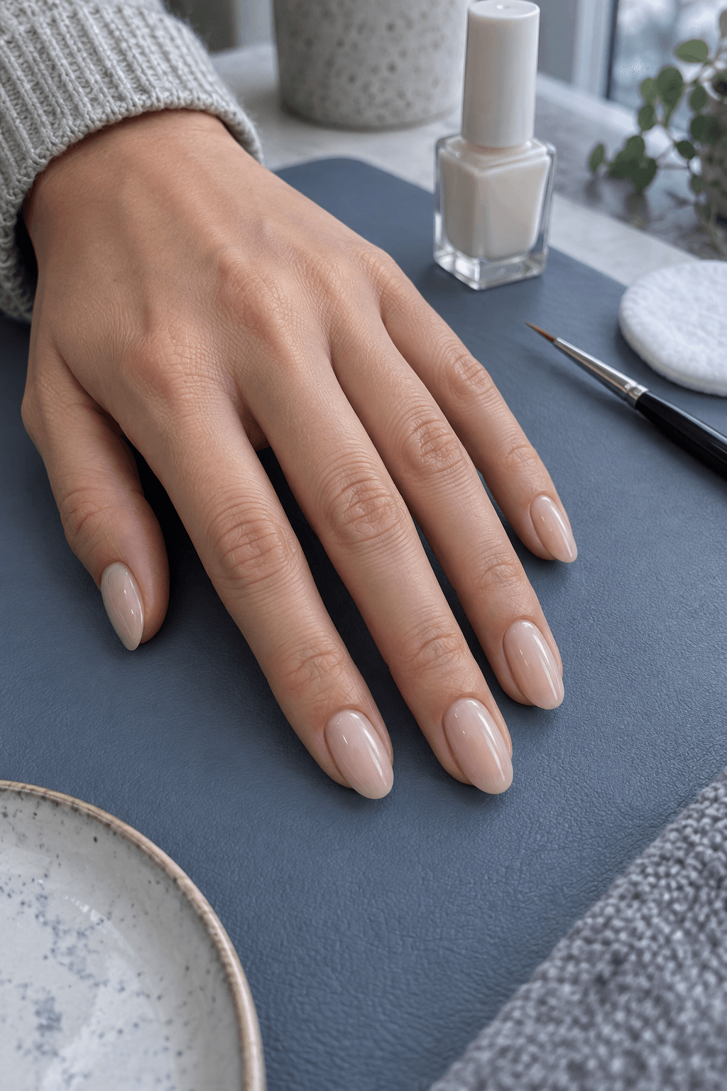 Sheer nude oval nails prepared beside bone-white polish and a fine detail brush