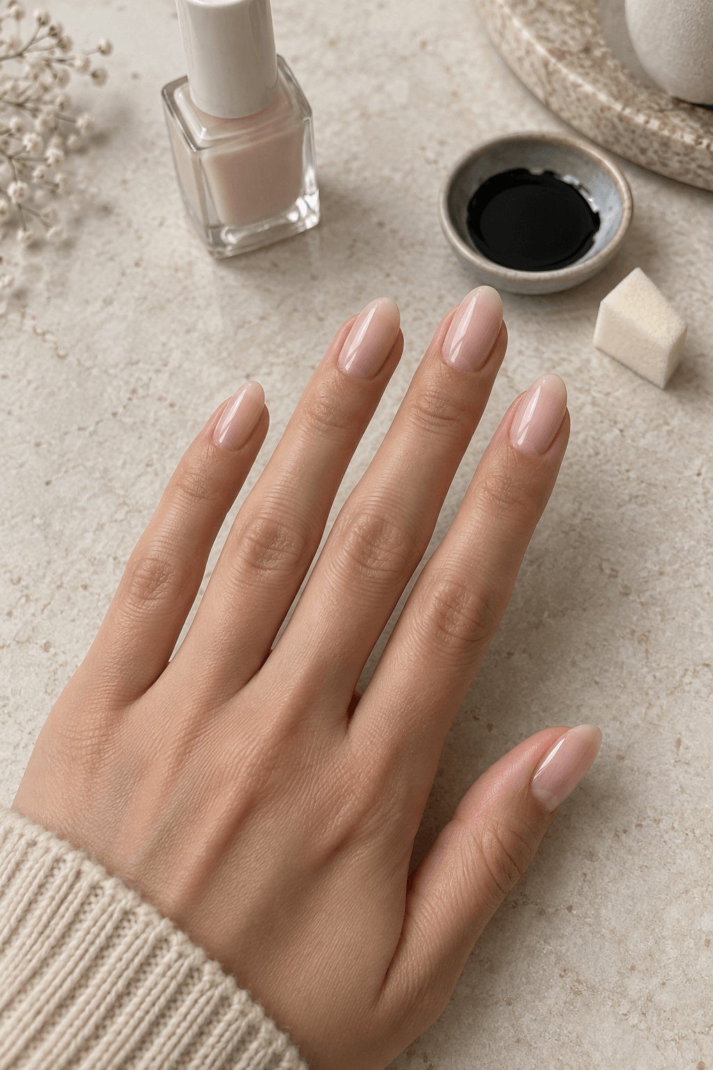 Sheer nude almond nails prepared beside black polish and a small blending sponge