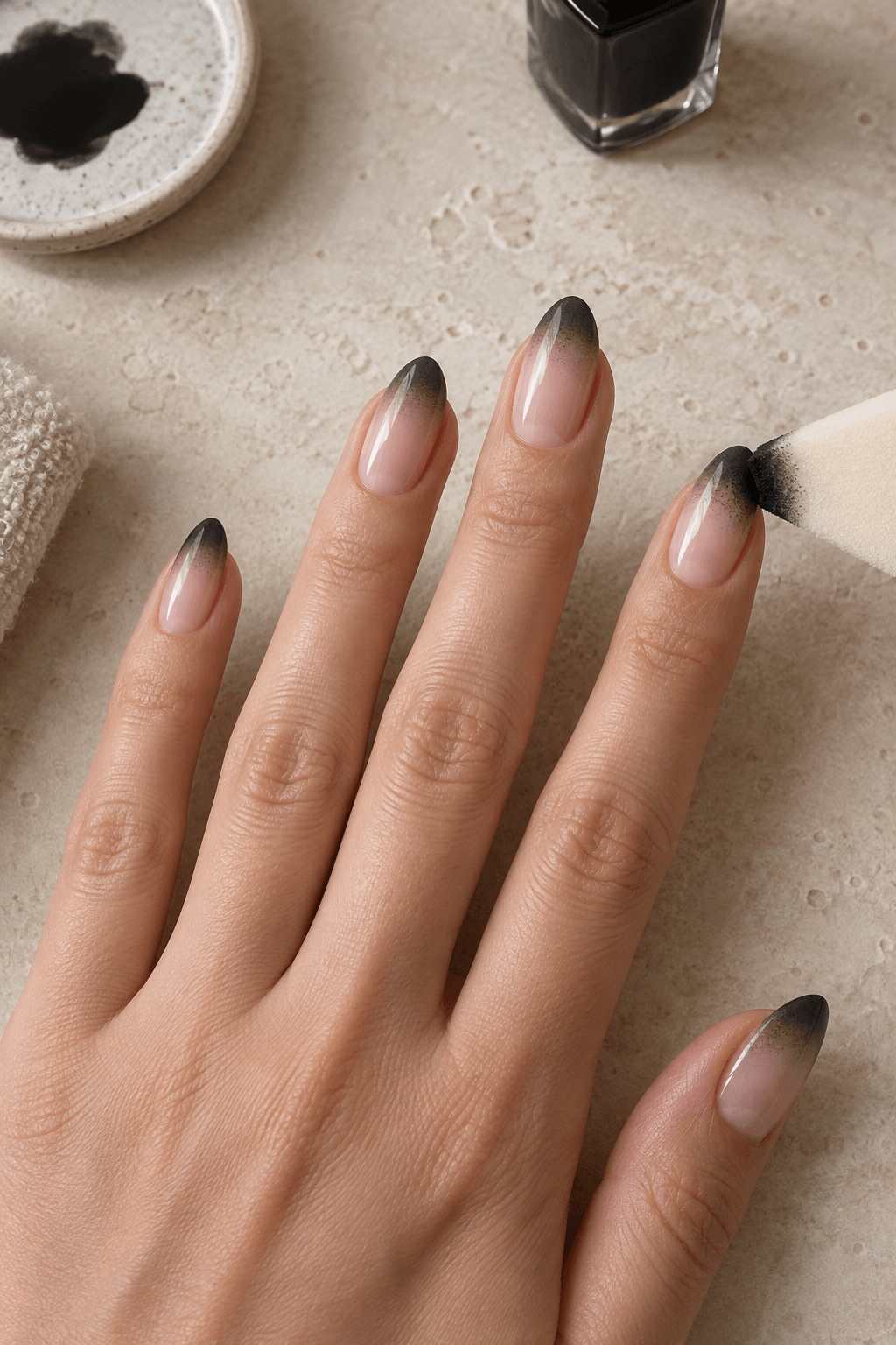 Small sponge feathering a translucent black smoky French tip on an almond nail