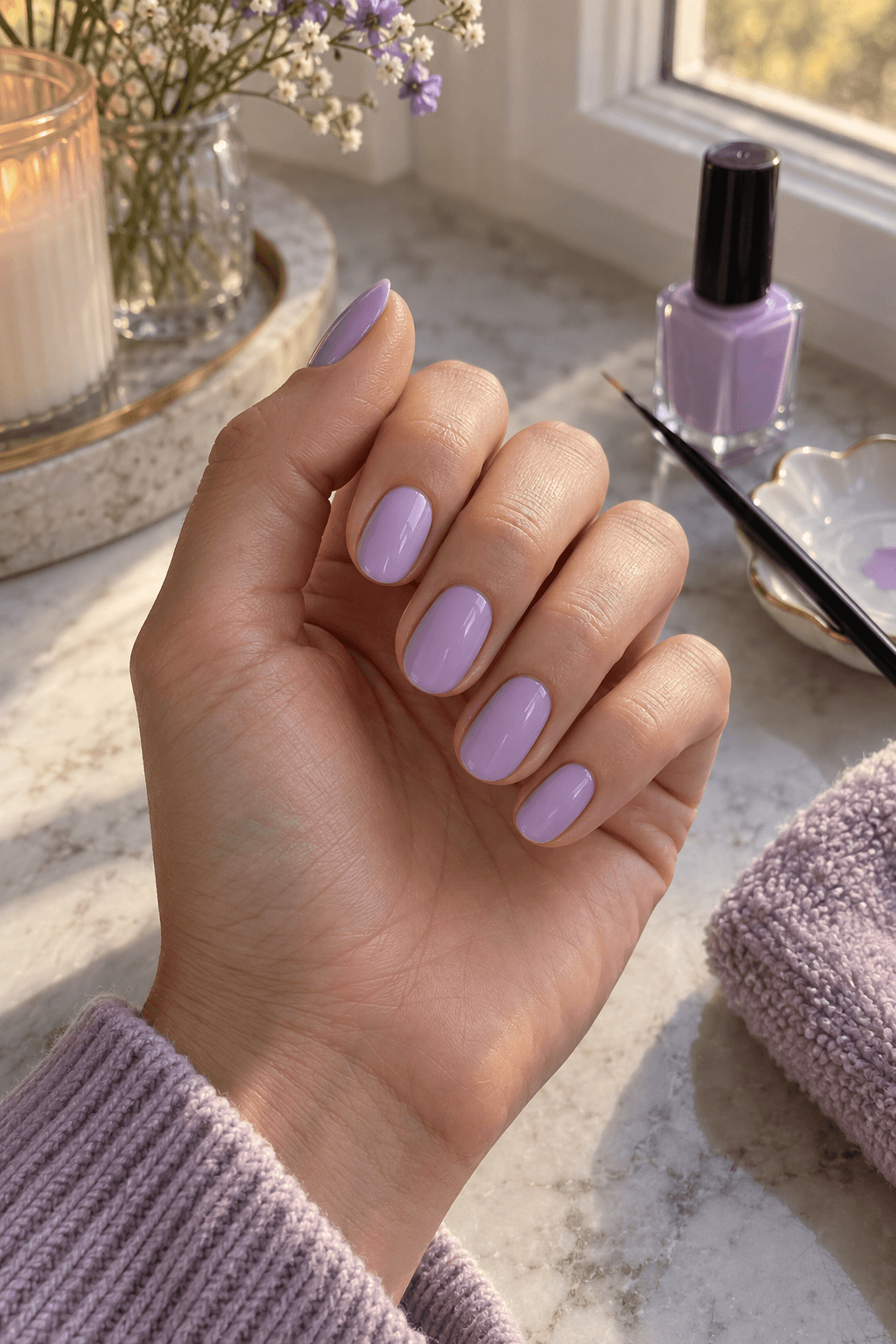 Glossy lilac oval nails prepared beside a fine black nail-art liner