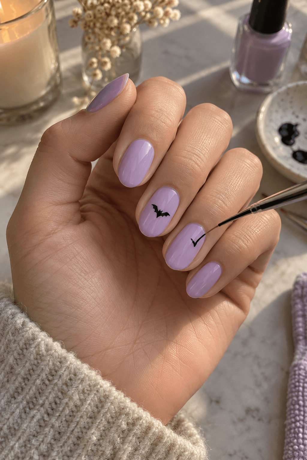 Fine liner brush painting a tiny black bat mark on a lilac nail