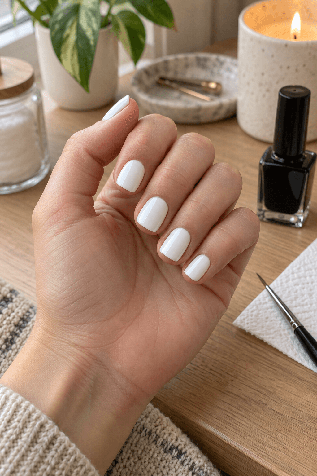 Clean white square nails prepared beside black polish and a fine detail brush