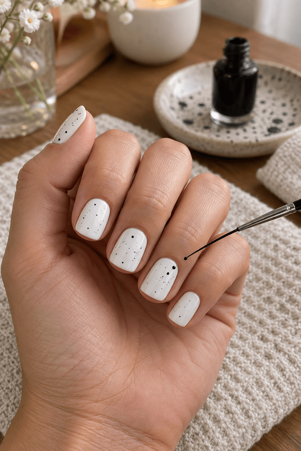 Nearly dry fine brush placing sparse black speckles on white nails