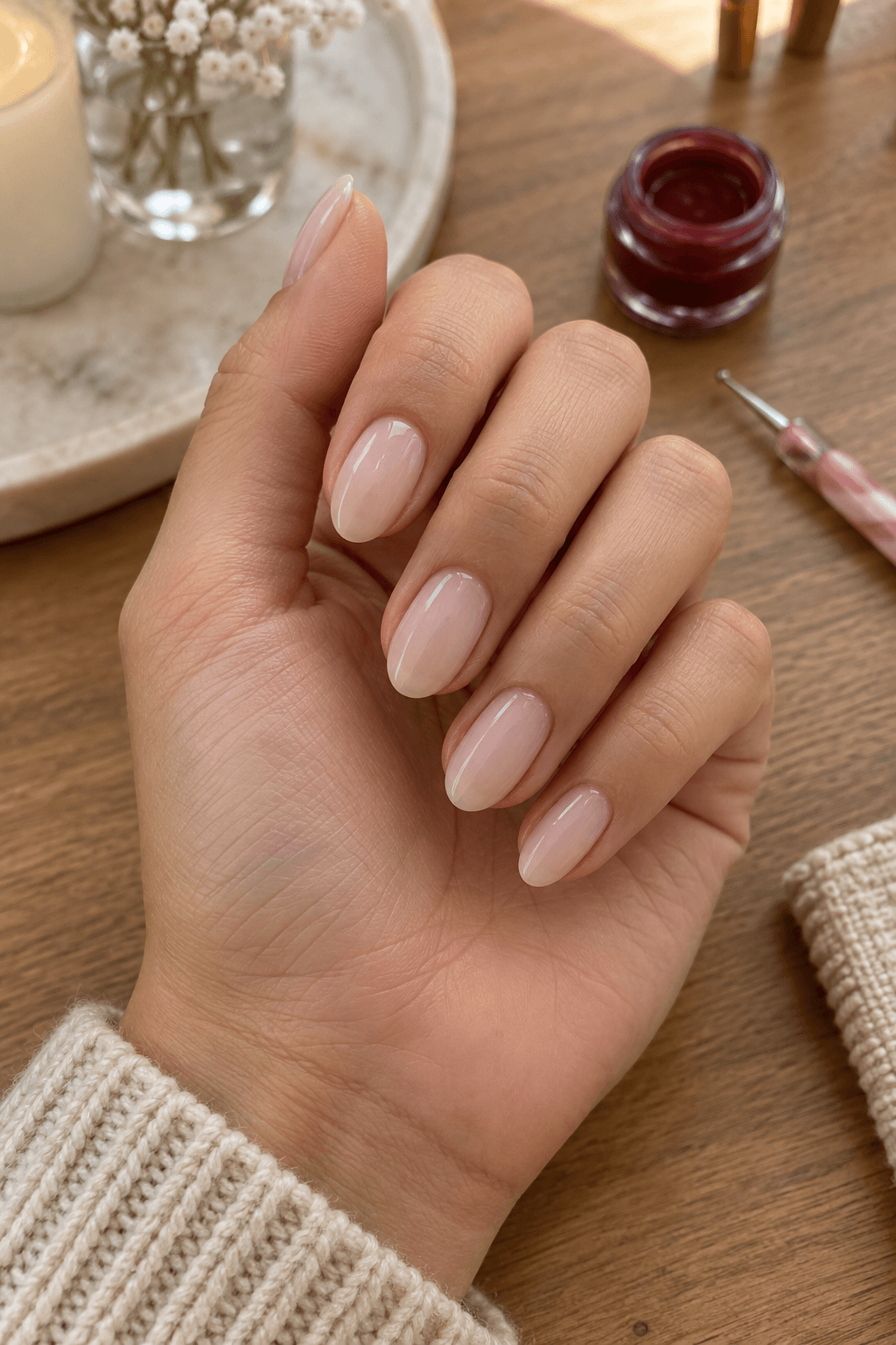 Sheer milky nude almond nails prepared beside berry red polish and a dotting tool