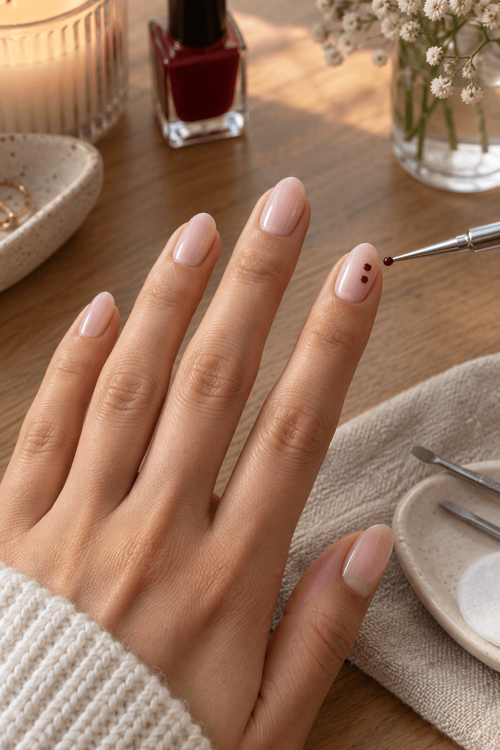 Dotting tool placing two tiny deep red bite dots on one nude accent nail