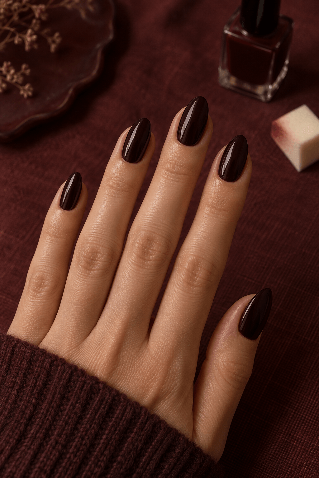 Sheer deep-wine almond nails prepared beside red polish and a makeup sponge