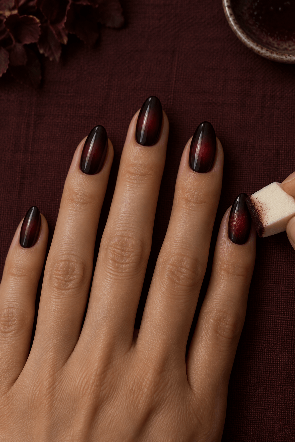 Small sponge softly diffusing a red aura on a dark wine nail