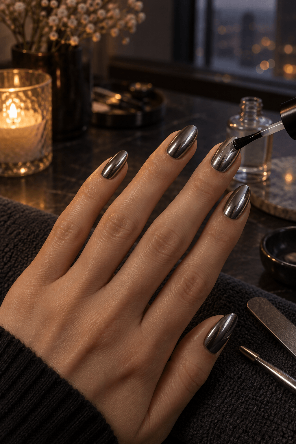 Blackberry magnetic velvet nails prepared beside a manicure magnet