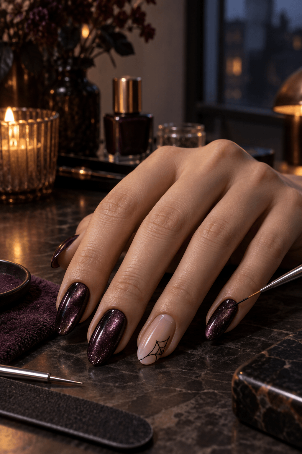 Fine brush drawing a small black corner web beside blackberry velvet magnetic nails
