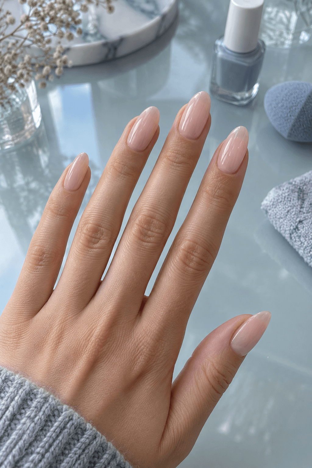 Sheer nude almond nails prepared beside misty blue polish and a blending sponge
