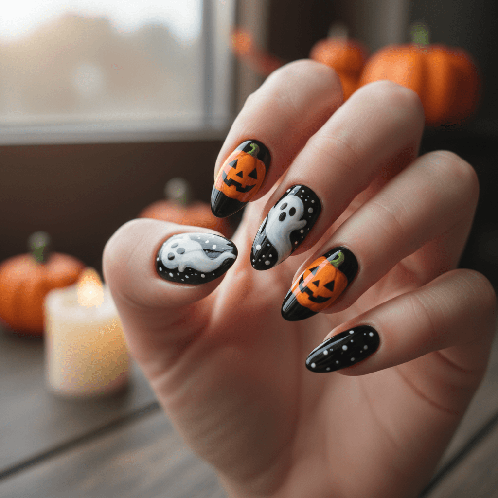 Black Orange Pumpkins White Ghost Silhouettes Halloween Nails