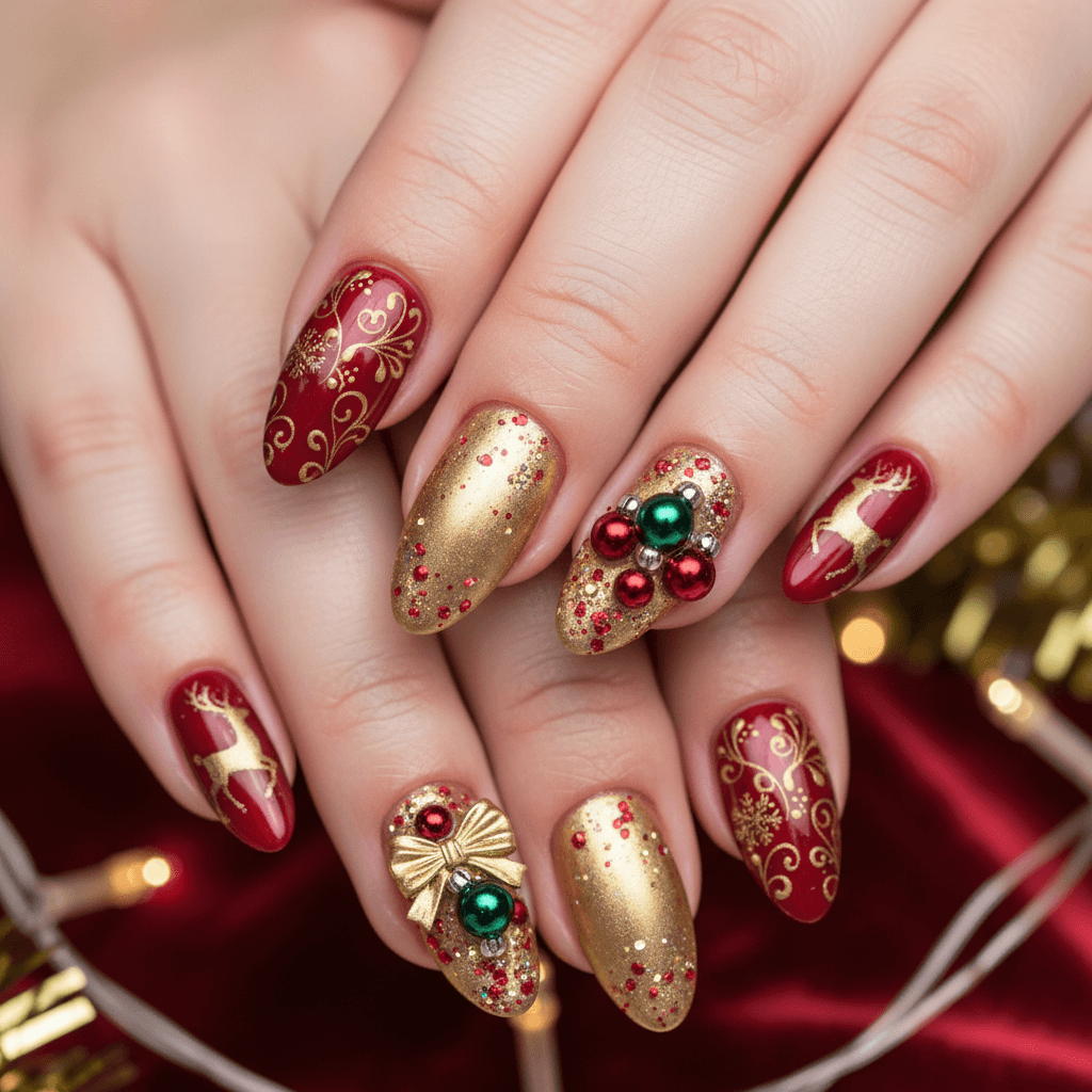 Gold Red Christmas Metallic Ornaments Sparkly Christmas Nails